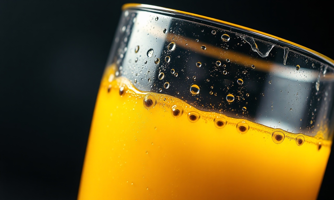 Close-up da textura vibrante e dos grãos do suco coado.