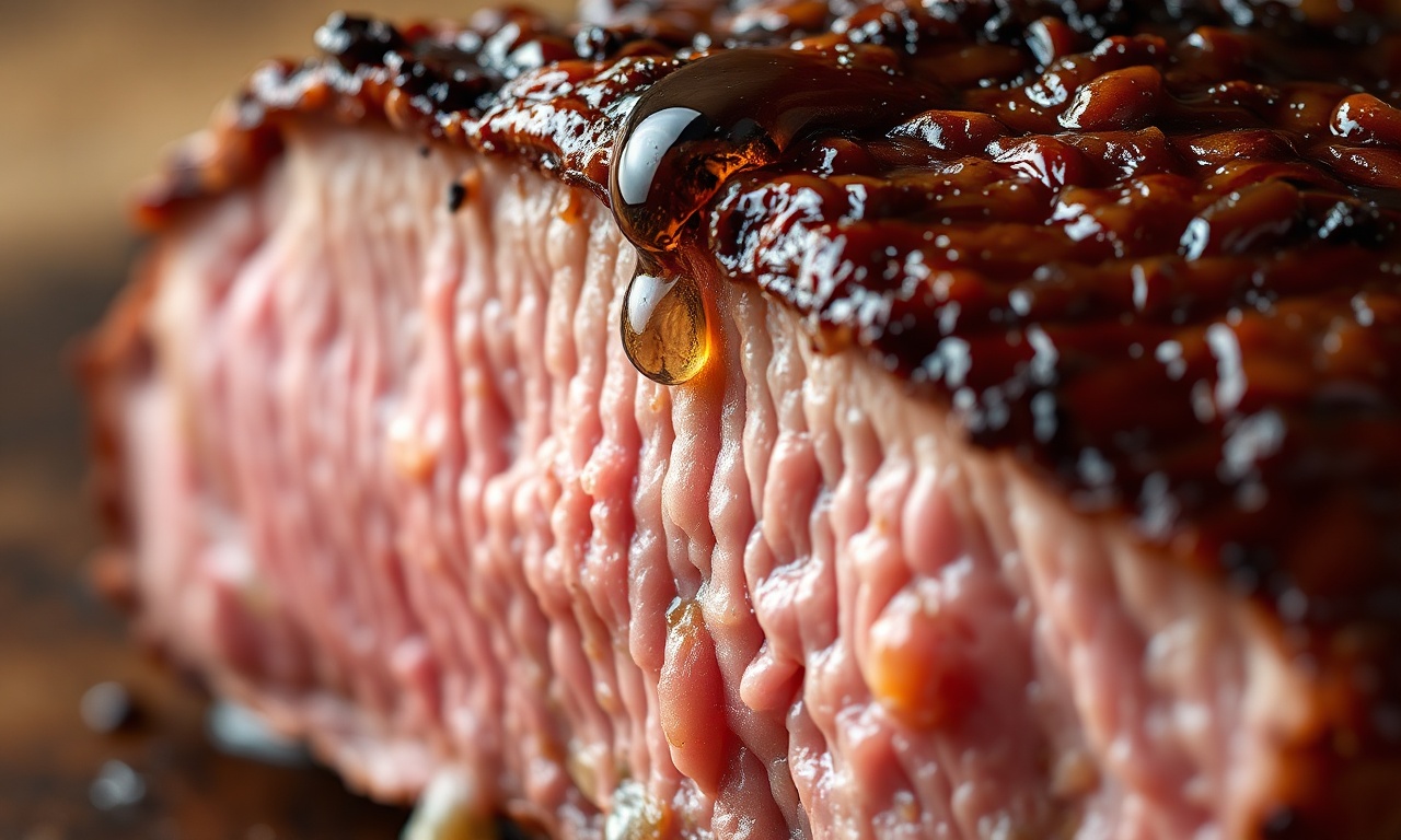 Close-up macro da textura da crosta caramelizada e da carne macia por dentro.