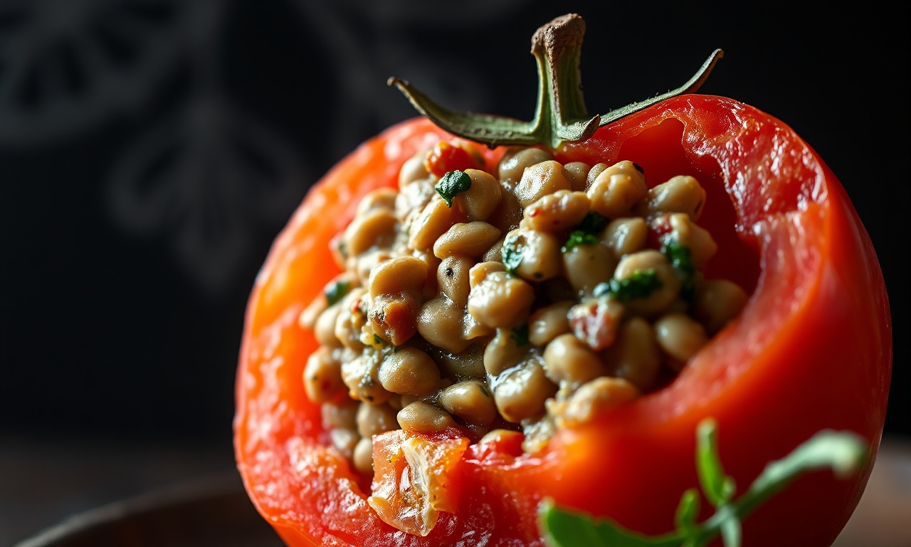 Tomate Recheado Com Lentilhas: Vegano, Saudável E Saboroso 6 Close-up da textura cremosa do recheio de lentilhas saindo de um tomate assado.
