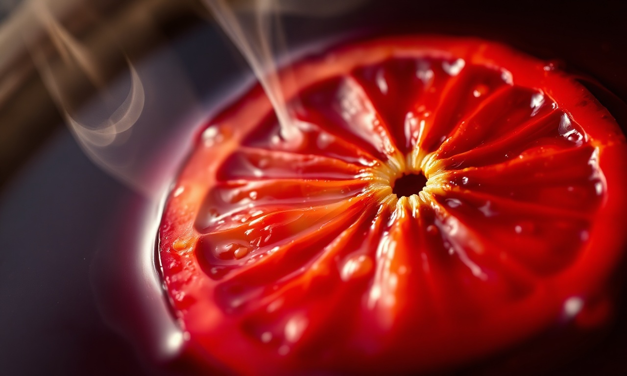 Close-up da superfície do vinho quente, mostrando a rodela de laranja caramelizada e os óleos essenciais.