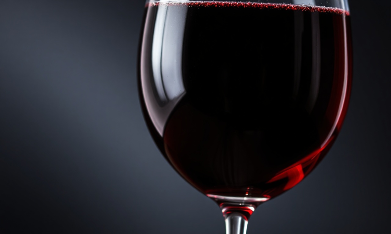 Close-up da cor e pernas (lágrimas) de um vinho tinto encorpado, mostrando sua estrutura.