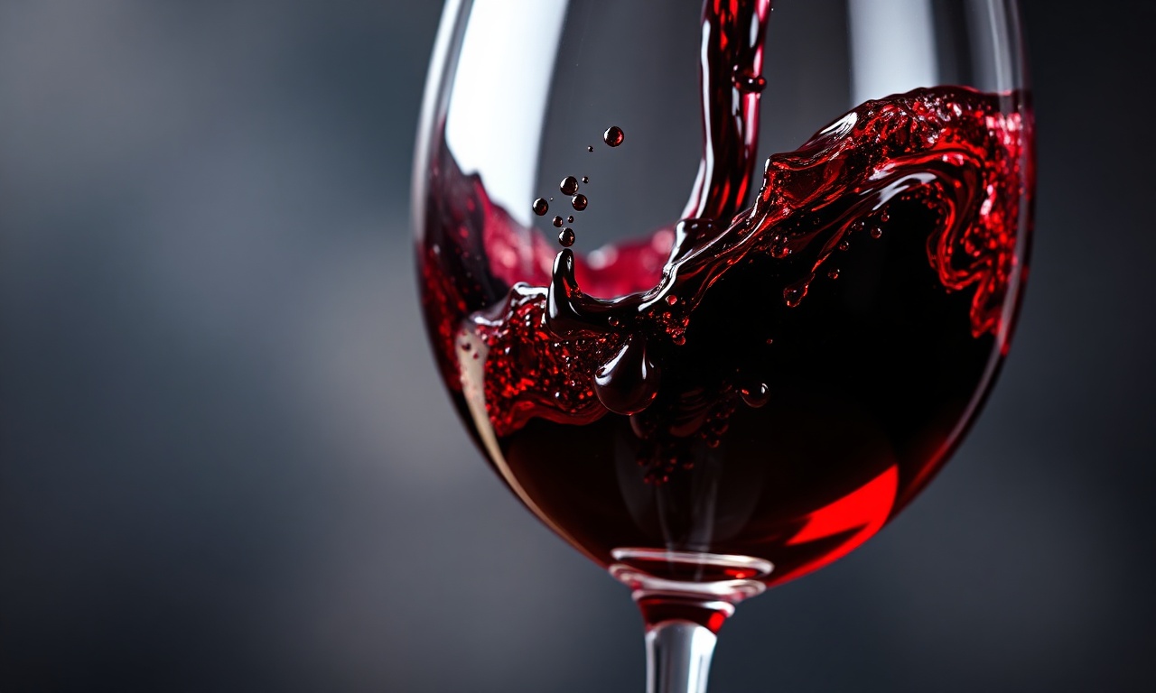 Close-up da cor e textura de um vinho tinto brasileiro em uma taça.