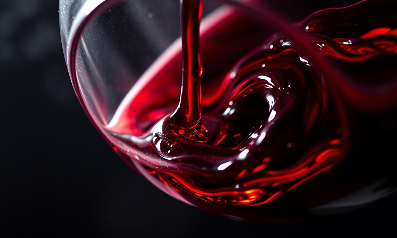 Close-up da superfície do vinho arejado no decanter, mostrando sua cor vibrante e brilho.