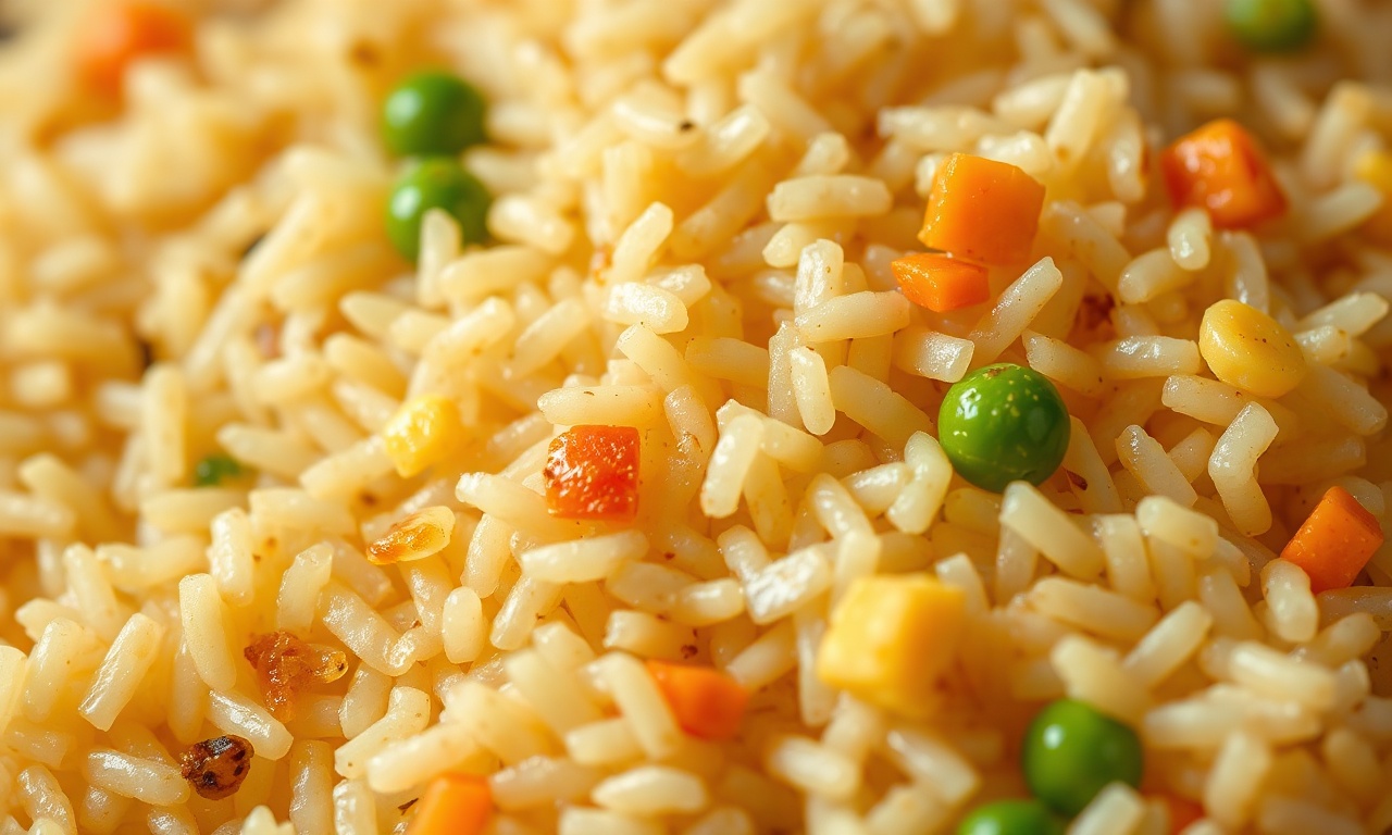 Close-up dos grãos de arroz soltos e dourados.