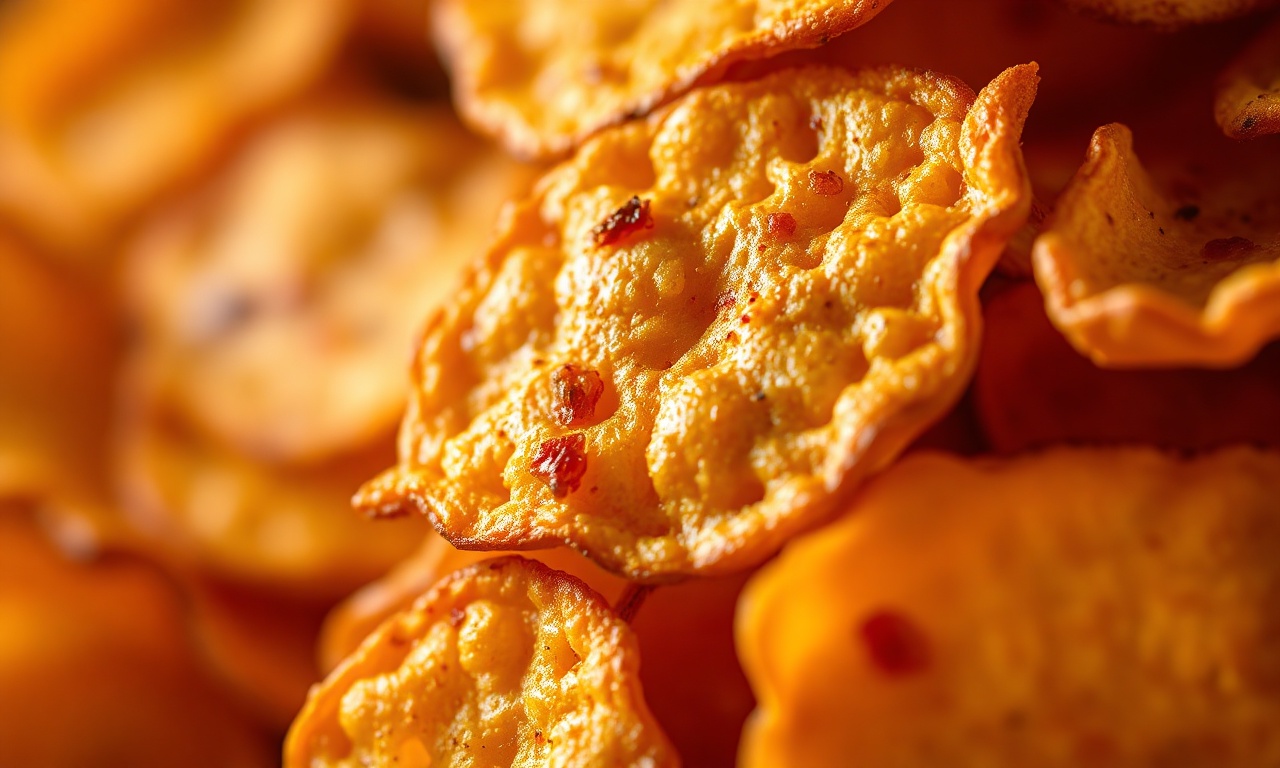 Close-up da textura dourada e crocante dos chips de batata doce assados.