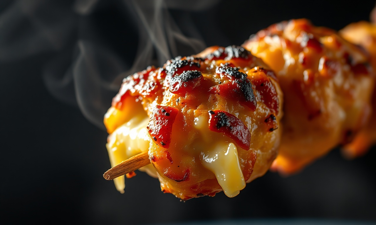 Espetinho De Frango Com Queijo: 4 Versões Fáceis E Suculentas 5 Close-up da textura do frango suculento e do queijo derretido.