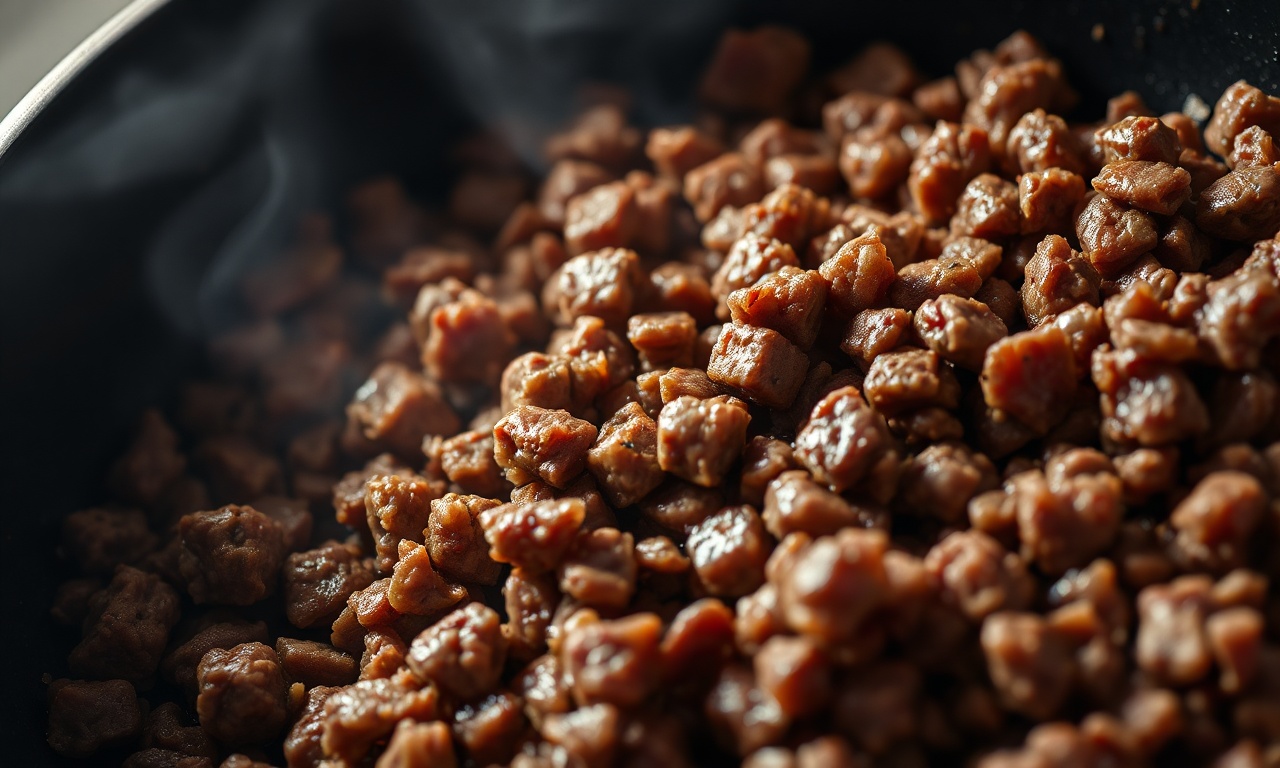 Como Saber Se A Carne Moída Está Cozida: Sinais Infalíveis 5 Macro da textura da carne perfeitamente cozida, mostrando os grãos individuais e a crosta dourada.