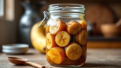 Um pote de vidro transparente repleto de doce de banana caseiro cremoso, com rodelas de banana caramelizadas visíveis e um brilho dourado acentuado pela manteiga e canela, pronto para ser servido.