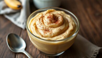 Tigela de vidro com doce de banana cremoso de cor caramelo homogênea, textura espessa e finalizado com um toque de canela em pó.