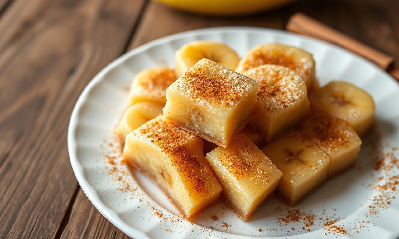 Fatias de doce de banana com textura firme e cor dourada, polvilhado com canela.