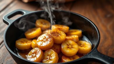 Rodadas de banana douradas e caramelizadas, polvilhadas com canela, servidas em uma frigideira de ferro.