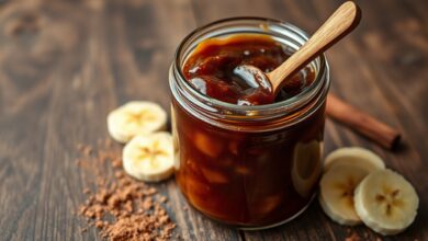 Um pote de vidro transparente repleto de doce de banana com cor caramelo escuro e textura brilhante e viscosa, como um brigadeiro mole, servido com uma colher de pau.