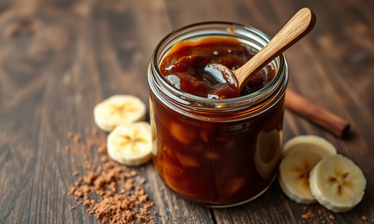 Um pote de vidro transparente repleto de doce de banana com cor caramelo escuro e textura brilhante e viscosa, como um brigadeiro mole, servido com uma colher de pau.