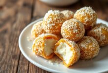 Bolinhas douradas de doce de coco cremoso, enroladas em flocos de coco, com interior macio à mostra.