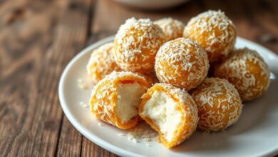 Bolinhas douradas de doce de coco cremoso, enroladas em flocos de coco, com interior macio à mostra.