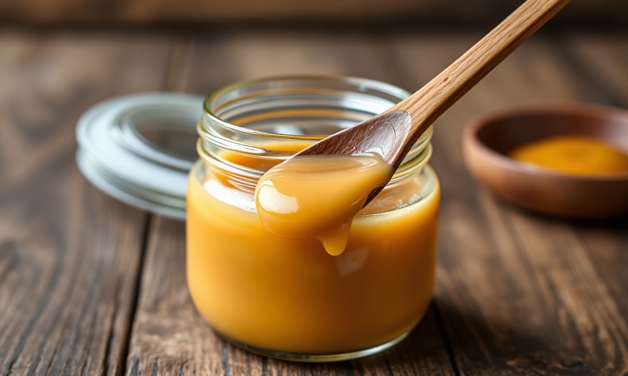 Um pote de vidro aberto, transbordando com doce de leite caseiro de cor caramelo dourado, com textura lisa e cremosa. Uma colher de madeira está mergulhada no doce, mostrando a consistência perfeita.