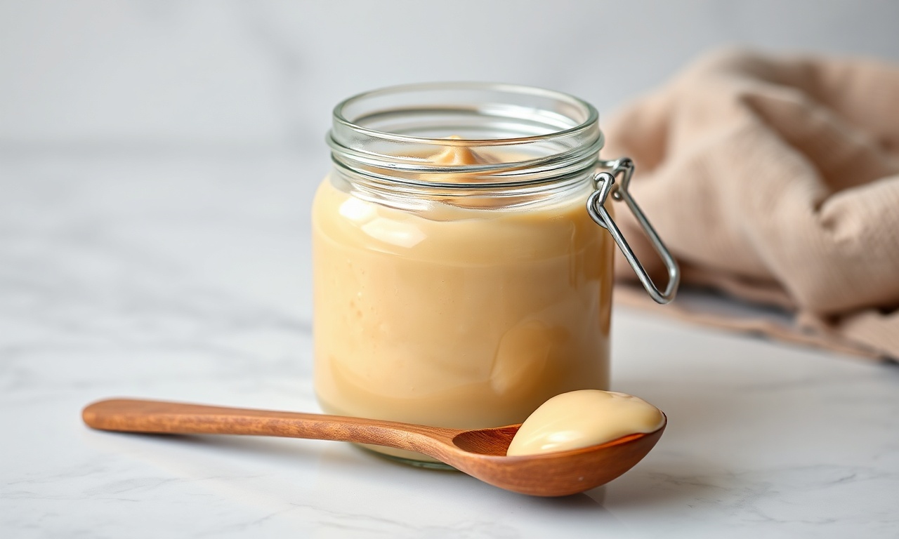 Doce De Leite Ninho Cremoso Em 20 Minutos (Apenas 3 Ingredientes) 3 Um pote de vidro transparente e cheio de doce de leite Ninho, de cor bege clara e textura homogênea e cremosa, com uma colher de madeira apoiada ao lado, sobre uma superfície de mármore.