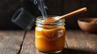 Um pote de vidro transparante com doce de leite sem açúcar de cor dourada escura e textura ultra cremosa, pronto para servir.