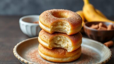 Donuts de banana dourados, fofinhos e levemente polvilhados com canela, prontos para servir.