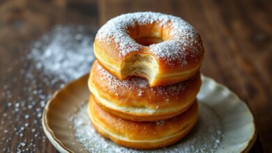 Donuts dourados e macios empilhados casualmente, com leve cobertura de açúcar e textura esponjosa visível.