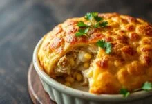 O empadão inteiro, dourado e com uma fatia generosa servida ao lado, mostrando o recheio cremoso.