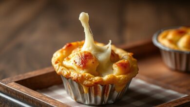 Empadinhas douradas com recheio de muçarela derretido, perfeitas para servir.