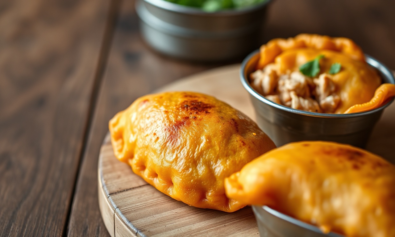 Empadinha Fit De Batata Doce Fofinha Com Frango (Saudável) 3 Empadinhas douradas em forminhas de metal, com recheio de frango desfiado e folhas de cheiro-verde visíveis, sobre superfície de madeira.
