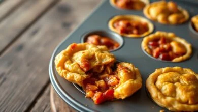 Empadinhas douradas e fofas em forminha de silicone, com recheio de frango à mostra.