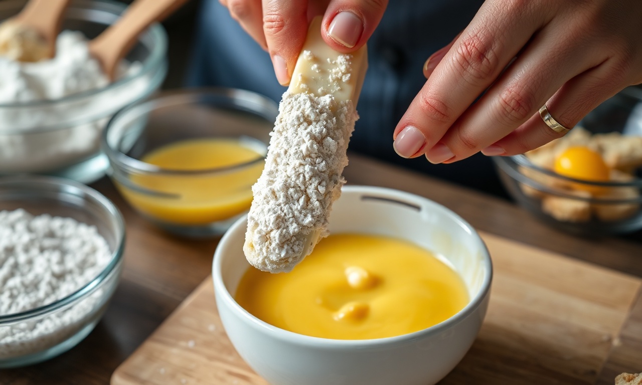 O momento crucial de passar o queijo na empanação dupla.