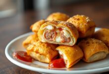 Enrolados dourados e crocantes, com o recheio de queijo derretido escapando, prontos para servir.