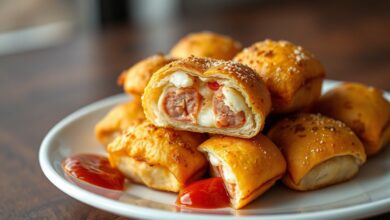 Enrolados dourados e crocantes, com o recheio de queijo derretido escapando, prontos para servir.