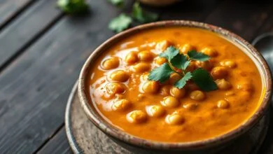 Tigela de ensopado cremoso de tom alaranjado, com pedaços de grão-de-bico e folhas de coentro.
