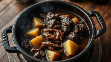 Um ensopado de carne com cerveja preta fumegante em uma panela de ferro fundo, com cubos de carne macia e desfiante, batatas em rodelas grossas, cebolas caramelizadas e folhas de louro, coberto por um molho escuro e encorpado.