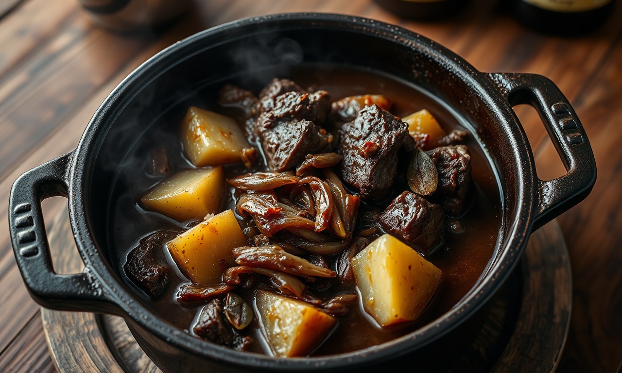 Um ensopado de carne com cerveja preta fumegante em uma panela de ferro fundo, com cubos de carne macia e desfiante, batatas em rodelas grossas, cebolas caramelizadas e folhas de louro, coberto por um molho escuro e encorpado.