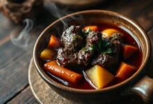 Um prato rústico e aconchegante, com cubos de carne de anta extremamente macios desfiando-se em um caldo encorpado e escuro, acompanhado de legumes cozidos e finalizado com salsinha fresca.