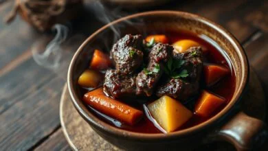 Um prato rústico e aconchegante, com cubos de carne de anta extremamente macios desfiando-se em um caldo encorpado e escuro, acompanhado de legumes cozidos e finalizado com salsinha fresca.
