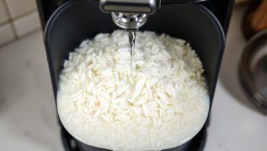 Cesta de airfryer com grãos de arroz cru misturados com água, ilustrando o erro comum de tentar cozinhar arroz cru no aparelho.