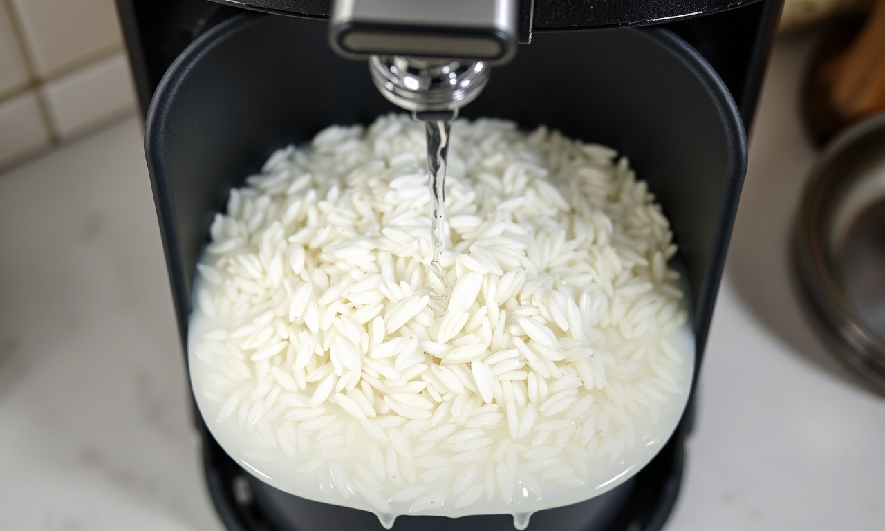 Arroz Na Airfryer: Por Que Você Nunca Deve Cozinhar Cru 3 Cesta de airfryer com grãos de arroz cru misturados com água, ilustrando o erro comum de tentar cozinhar arroz cru no aparelho.