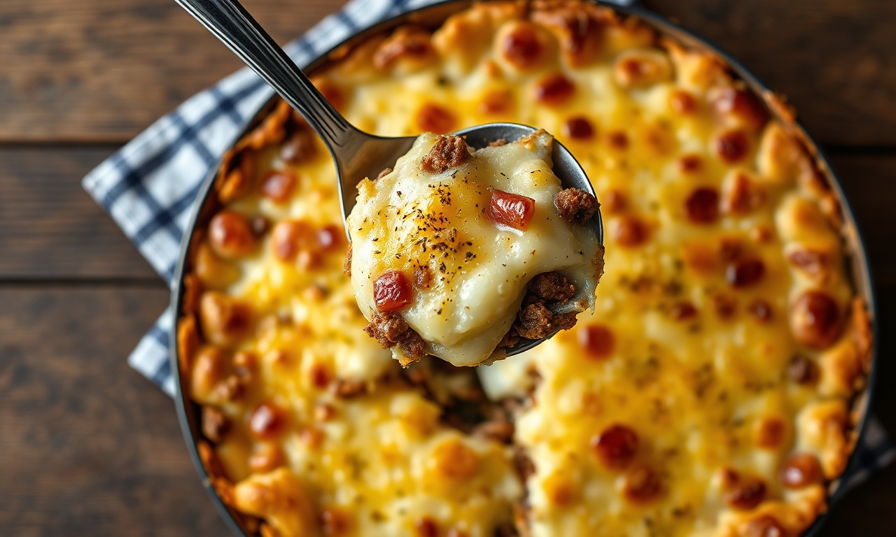O escondidinho finalizado, com uma generosa camada de purê de aipim dourado e queijo gratinado borbulhante, pronto para servir.