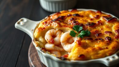 Travessa dourada de escondidinho com purê aveludado e recheio de camarão rosado, finalizado com queijo gratinado.