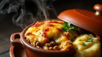 Travessa rústica com escondidinho de carne seca saindo do forno, com crosta de queijo borbulhante e dourada.