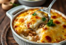 Refratário de cerâmica com escondidinho de frango recém-saído do forno, apresentando uma camada dourada de queijo muçarela gratinada sobre o purê de mandioca cremoso, com o recheio de frango desfiado suculento visível ao ser servido.