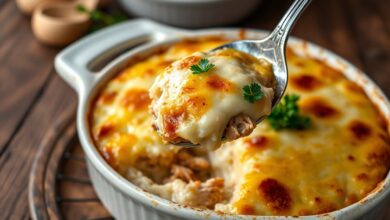 Refratário de cerâmica com escondidinho de frango recém-saído do forno, apresentando uma camada dourada de queijo muçarela gratinada sobre o purê de mandioca cremoso, com o recheio de frango desfiado suculento visível ao ser servido.