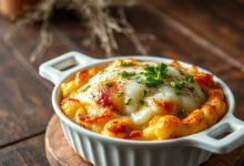 Refratário de cerâmica branco com escondidinho de frango recém-saído do forno, camada superior de purê de batata dourada e crocante com queijo muçarela gratinado borbulhante, salsinha fresca picada por cima, vapor subindo.