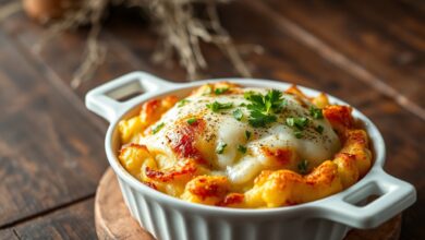 Refratário de cerâmica branco com escondidinho de frango recém-saído do forno, camada superior de purê de batata dourada e crocante com queijo muçarela gratinado borbulhante, salsinha fresca picada por cima, vapor subindo.