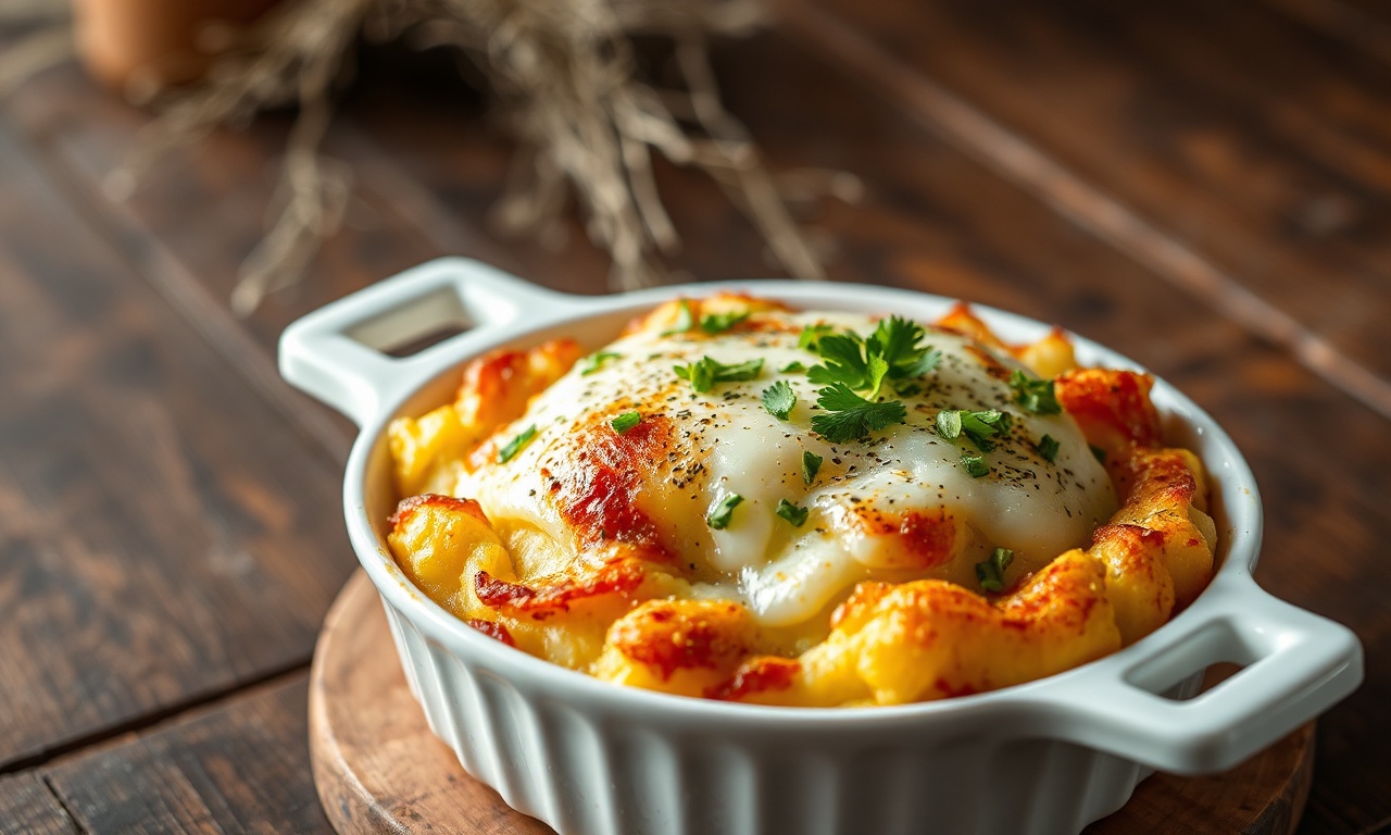 Refratário de cerâmica branco com escondidinho de frango recém-saído do forno, camada superior de purê de batata dourada e crocante com queijo muçarela gratinado borbulhante, salsinha fresca picada por cima, vapor subindo.