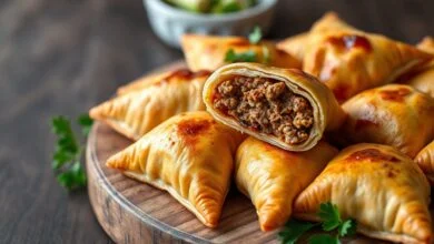 Esfihas folhadas douradas e crocantes, com camadas de massa visíveis, recheio de carne suculento e temperado, servidas em um prato de madeira rústico.