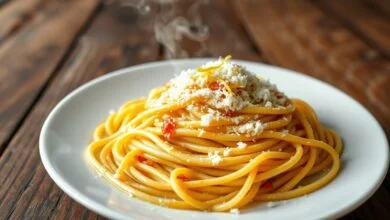 Espaguete al limone com molho aveludado, raspas de limão e parmesão, pronto para servir.