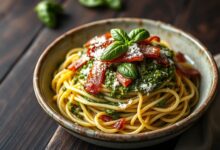 Espaguete al dente envolto em molho pesto verde e aromático, coberto por lascas douradas de presunto crocante.