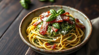 Espaguete al dente envolto em molho pesto verde e aromático, coberto por lascas douradas de presunto crocante.